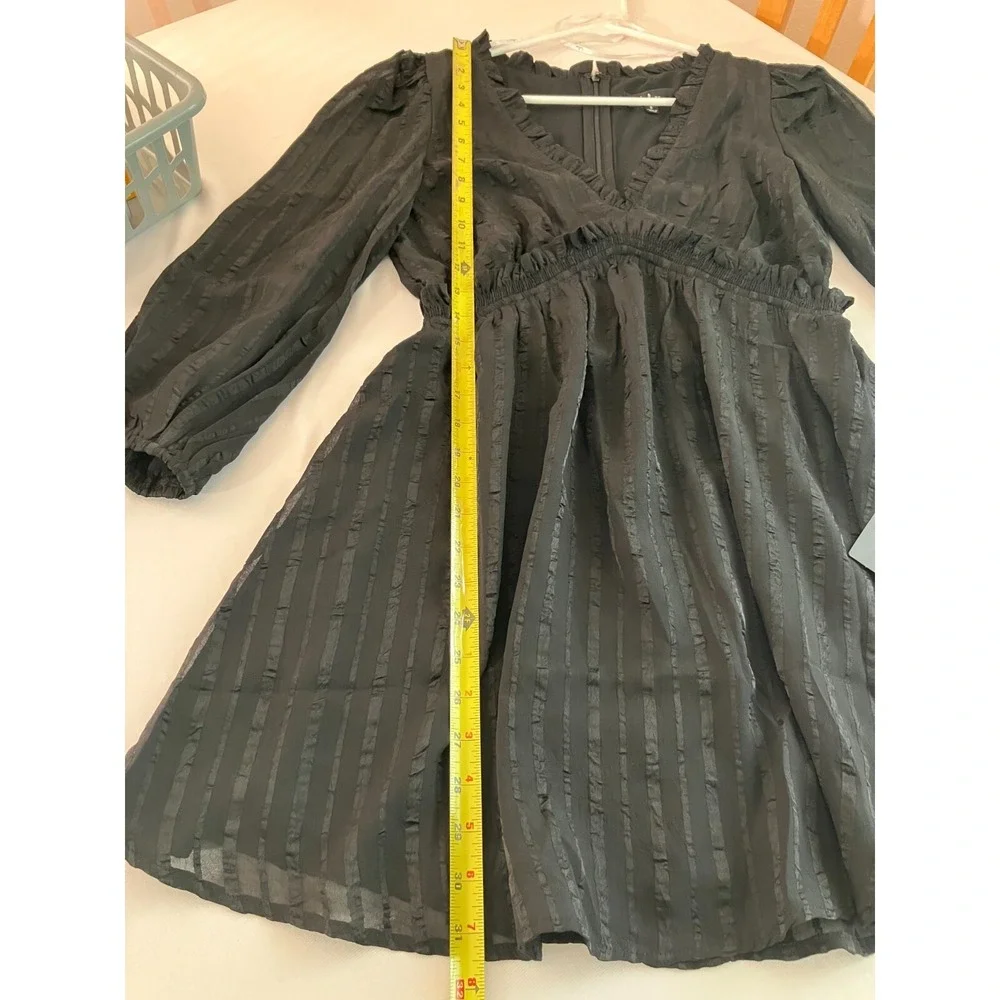 Lulus Black Long Sleeve Mini Dress Ruffle Empire Cocktail Small Date Nite NWT - Picture 6 of 10